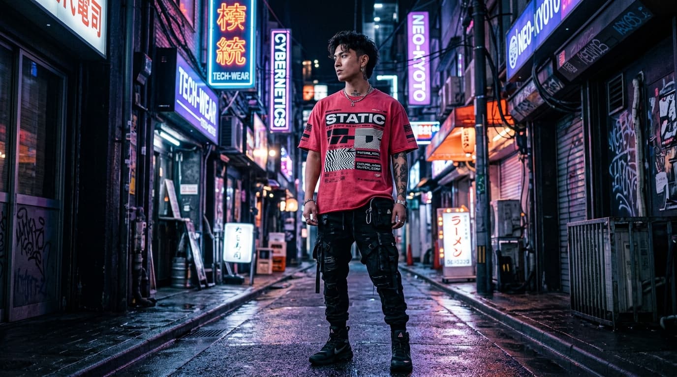 Model wearing the Static oversized tee at night